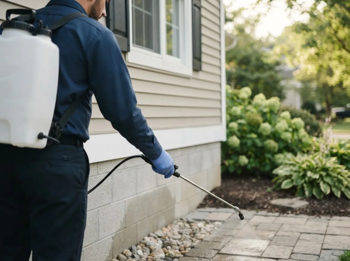 Pest control technician inspecting a home in Essex, IL